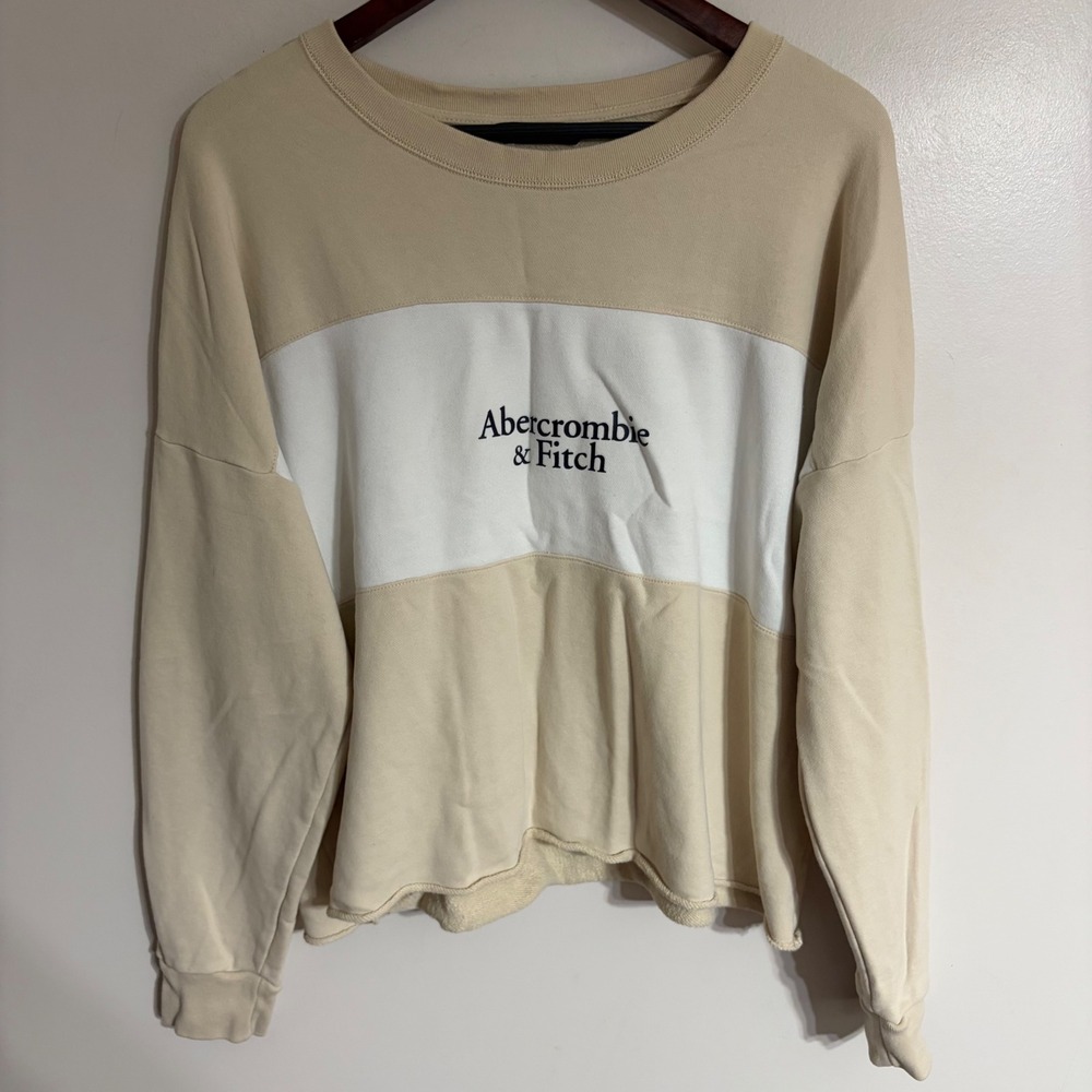 Abercrombie & Fitch Womens XL Colorblock Logo Sweatshirt Cream White Oversized
